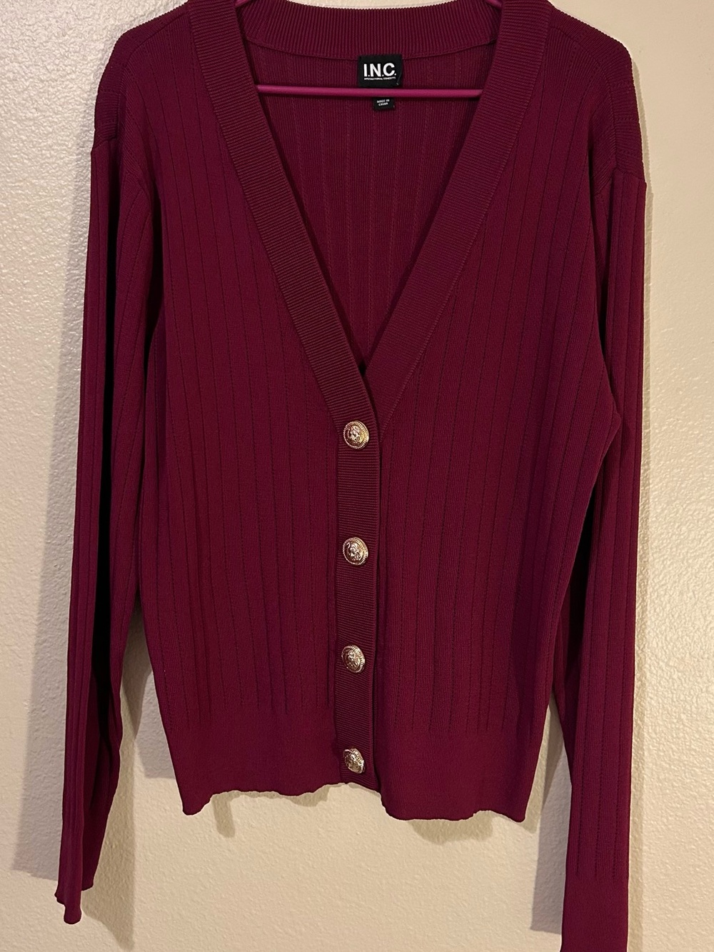 INC International Concepts Deep Wine Ribbed Button-Front Cardigan XL NWT
